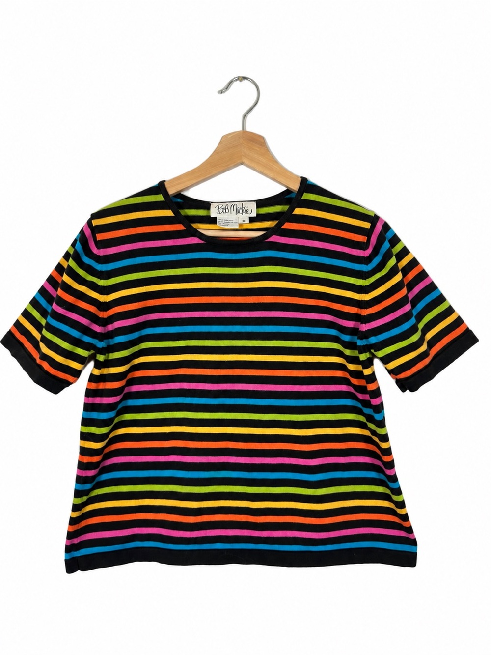 Bob Mackie Rainbow Striped T-Shirt Crewneck Size M Black Vintage Retro Pride
